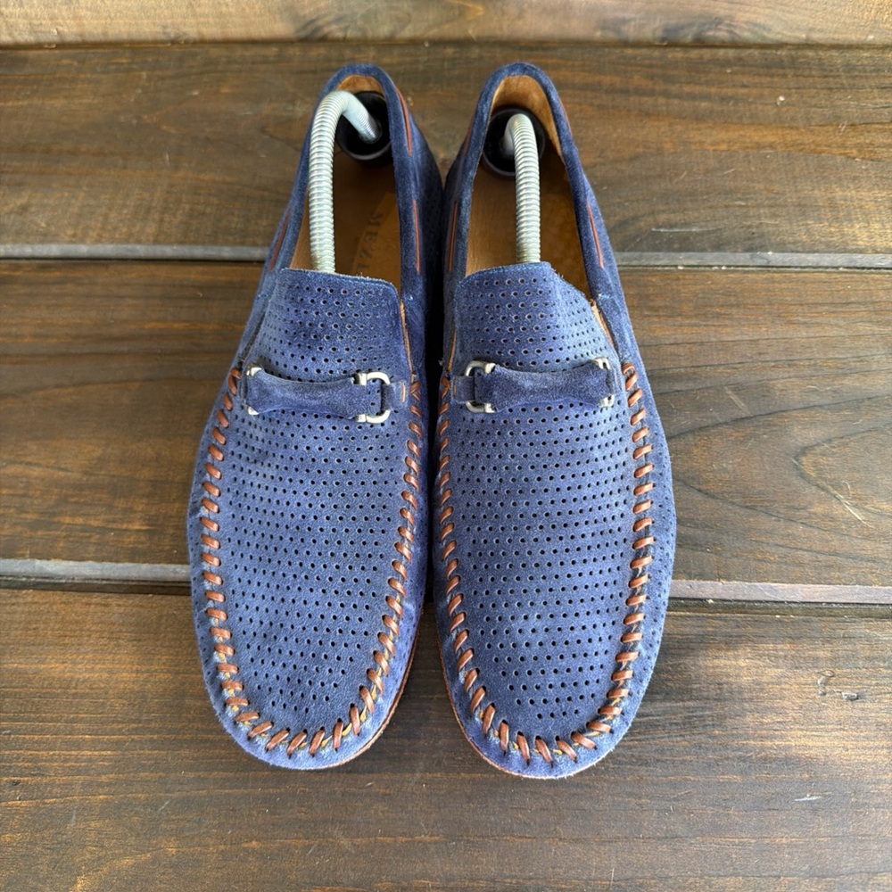 Mezlan Marcello Blue Suede Perforated Bit Loafers Slip On Shoes Men Size 9.5 M